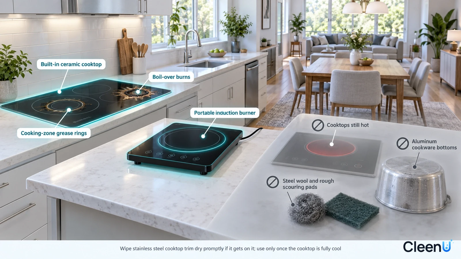 Illustration: Highlighted glass cooktop and portable hob areas beside material precaution icons.
