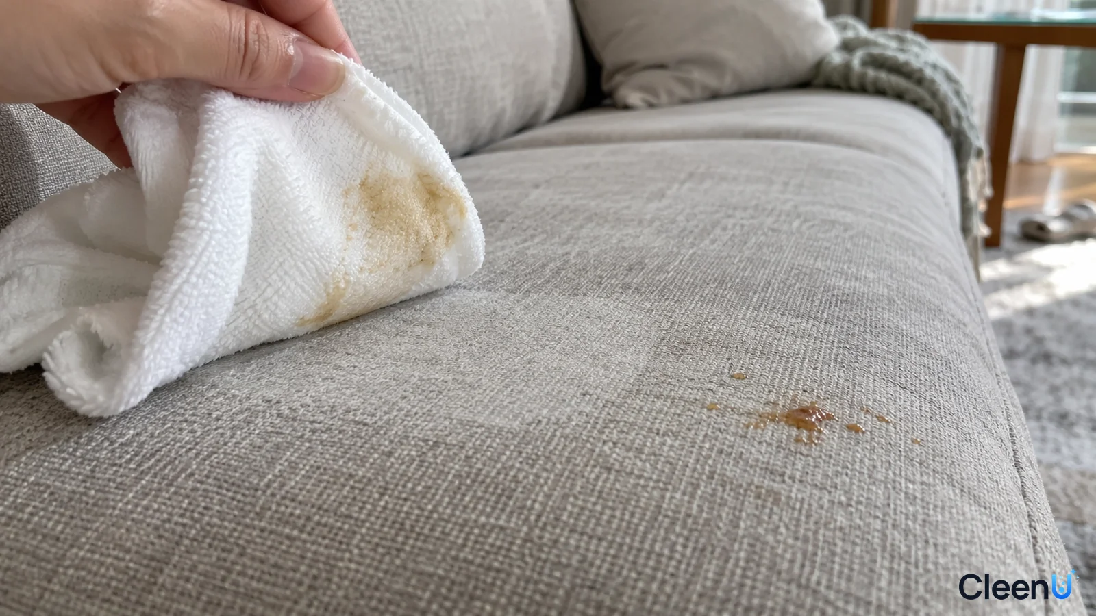 Illustration: A hand blotting a yellow-brown stain on a gray sofa cushion with a white cloth.