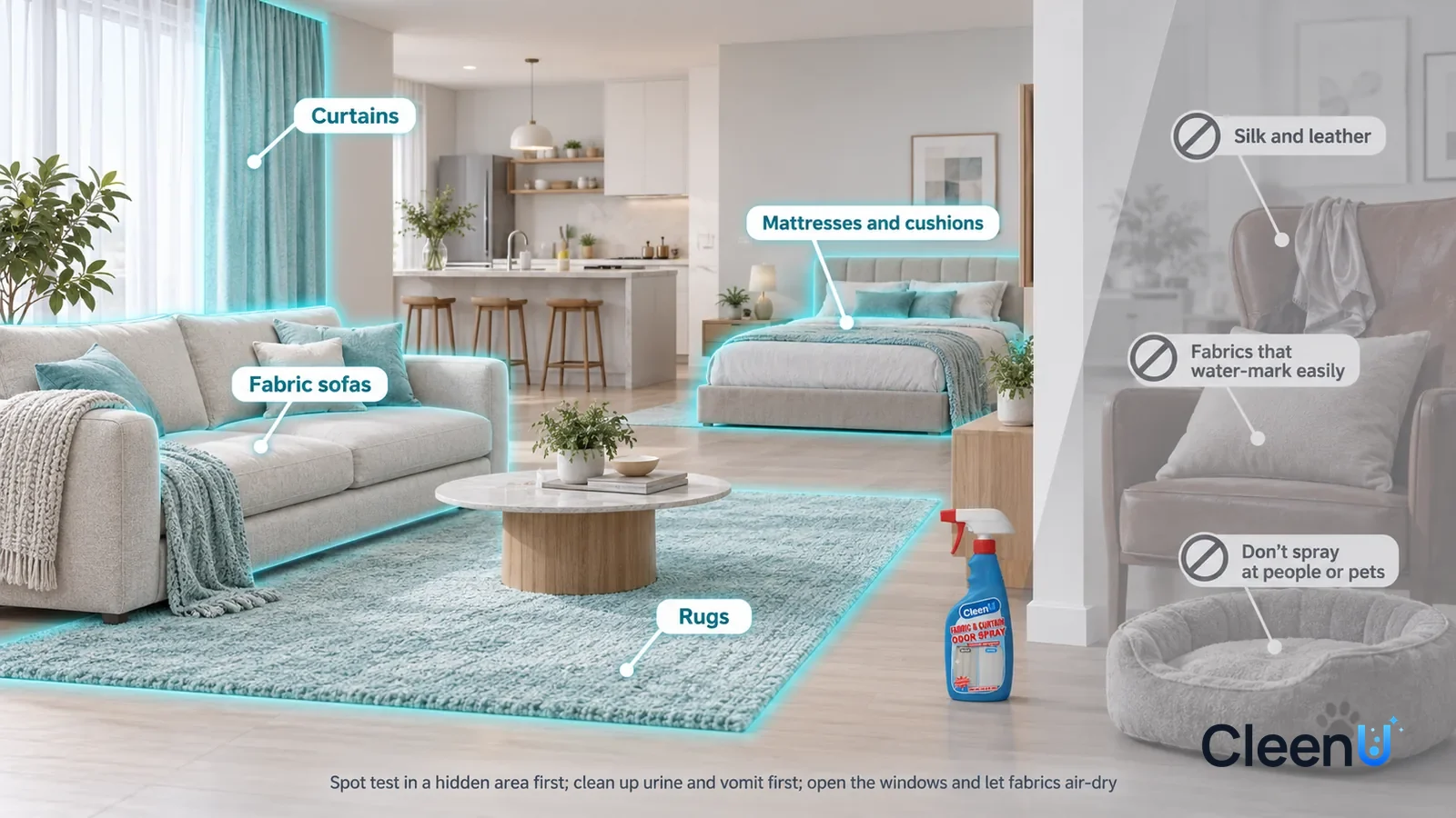Illustration: CleenU Fabric & Curtain Odor Spray — A realistic 3D cutaway of a bright home's living room, open kitchen, and bedroom, one continuous space from one viewpoint: curtains