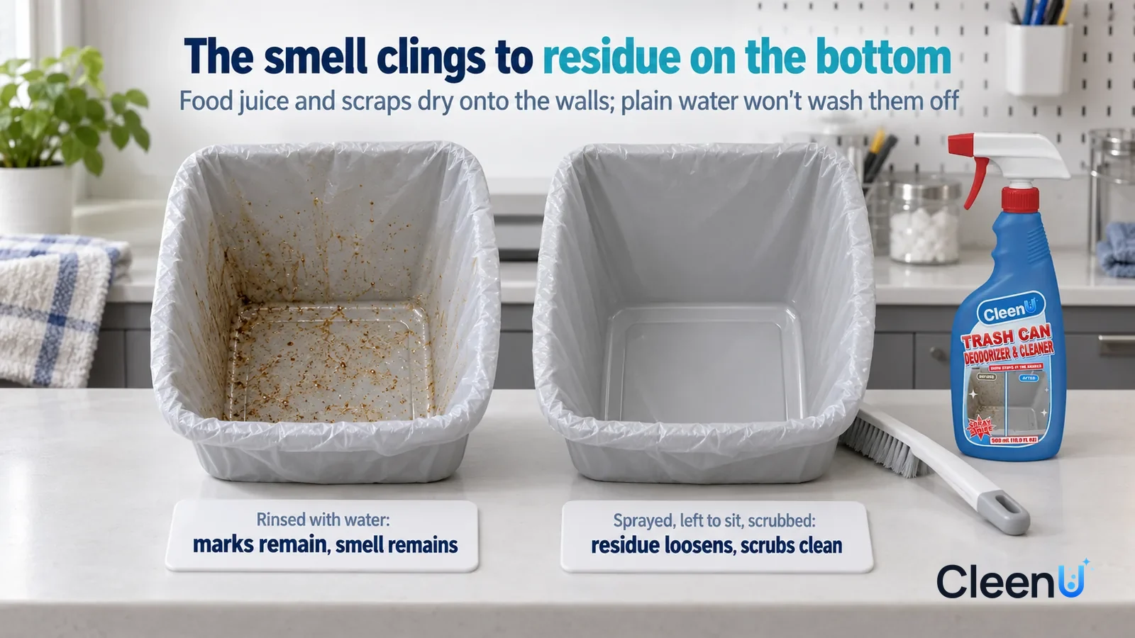 Illustration: CleenU Trash Can Deodorizer & Cleaner — A landscape medium close-up of a small experiment in a cleaning lab: two identical small pale grey trash can liners side by side on a white Headli