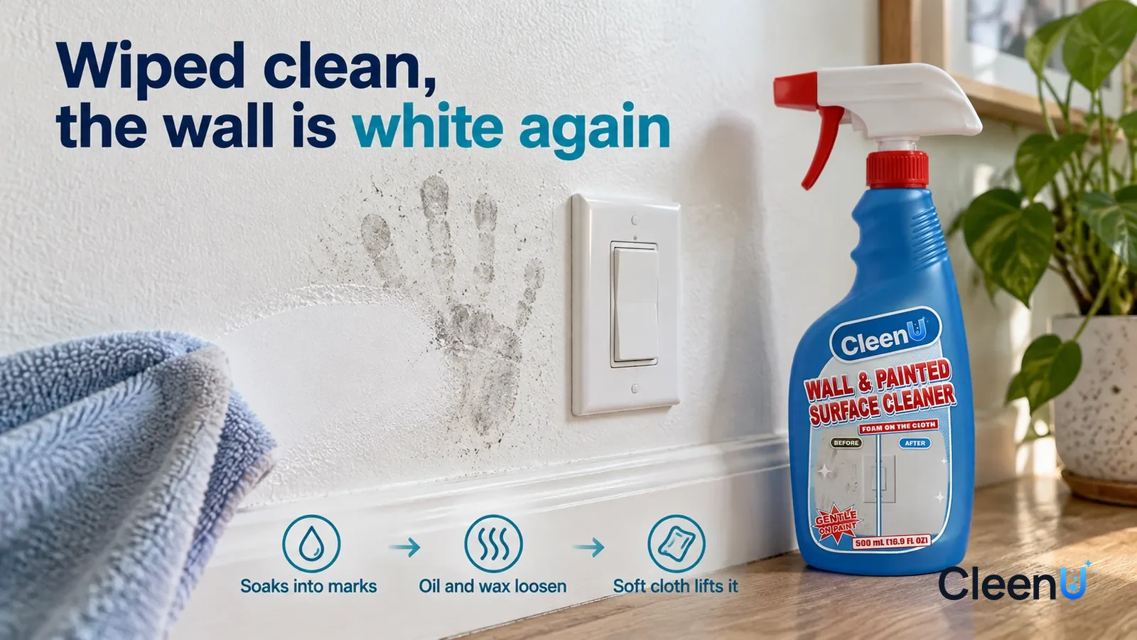 Illustration: CleenU Wall & Painted Surface Cleaner — a soft cloth has just made one pass, the wiped area white and matte, a little gray-black handprint still beside it