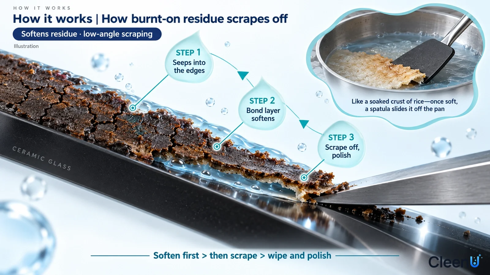 Illustration: Cross-sections of a black cooktop and burnt residue, with drops and a metal scraper.