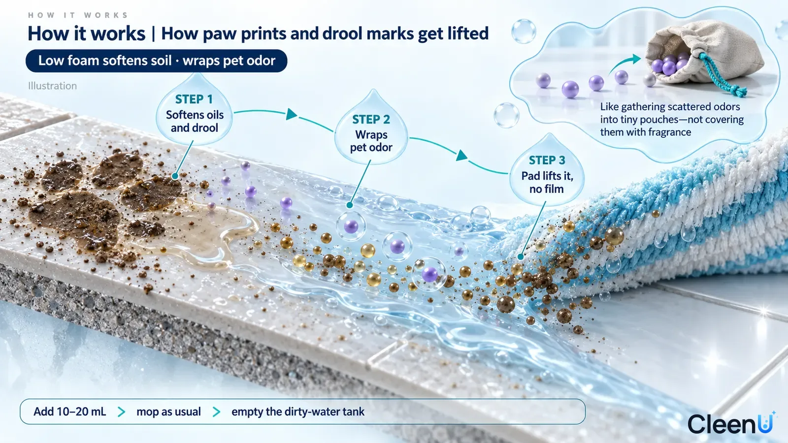 Illustration: A floor cross-section with mud particles, drops and robot-mop fibers with a pet-odor concept inset.