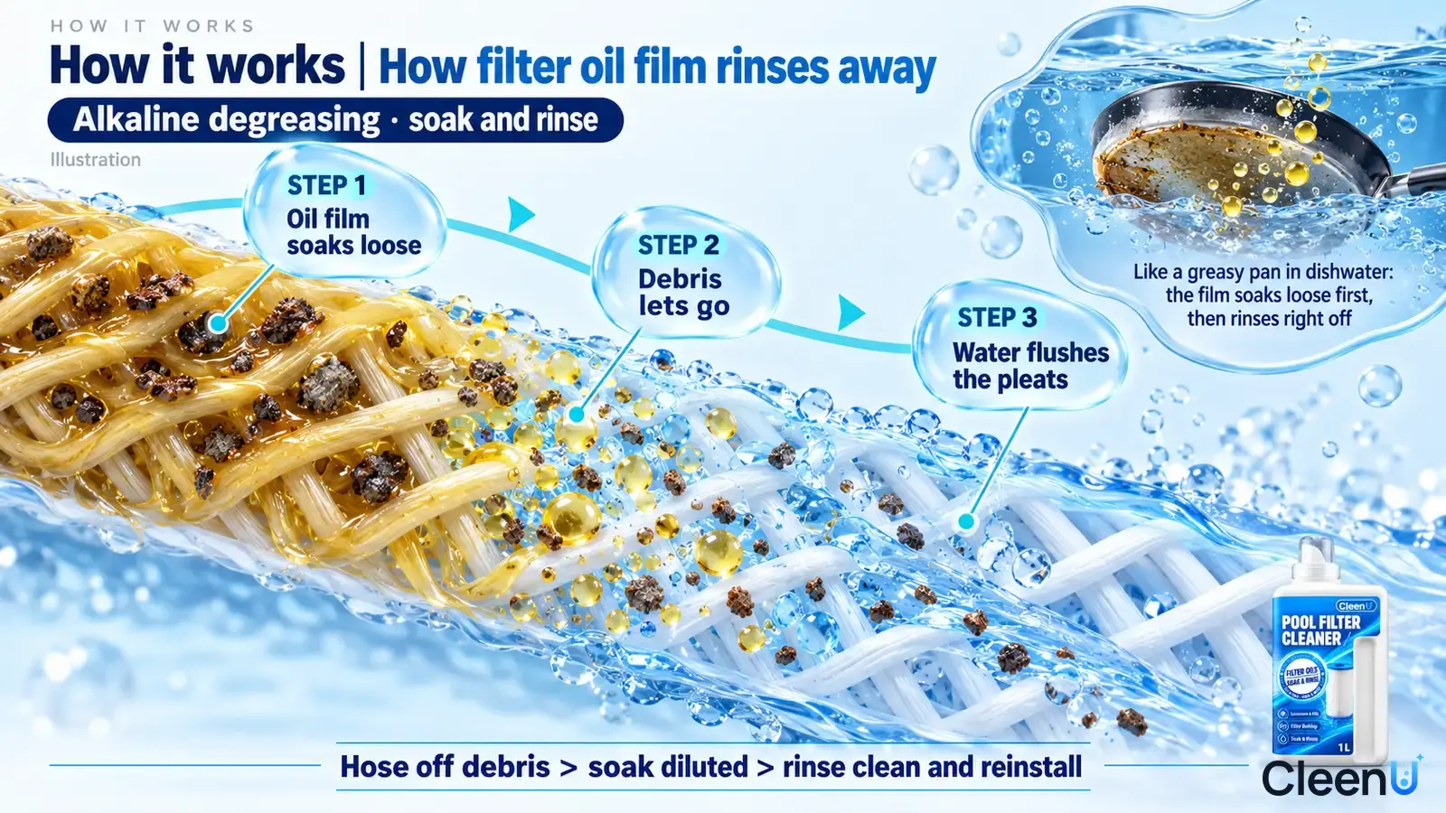 Illustration: A cartridge-pleat cross-section with yellow film, dark particles and water with a cooking-pan analogy inset.