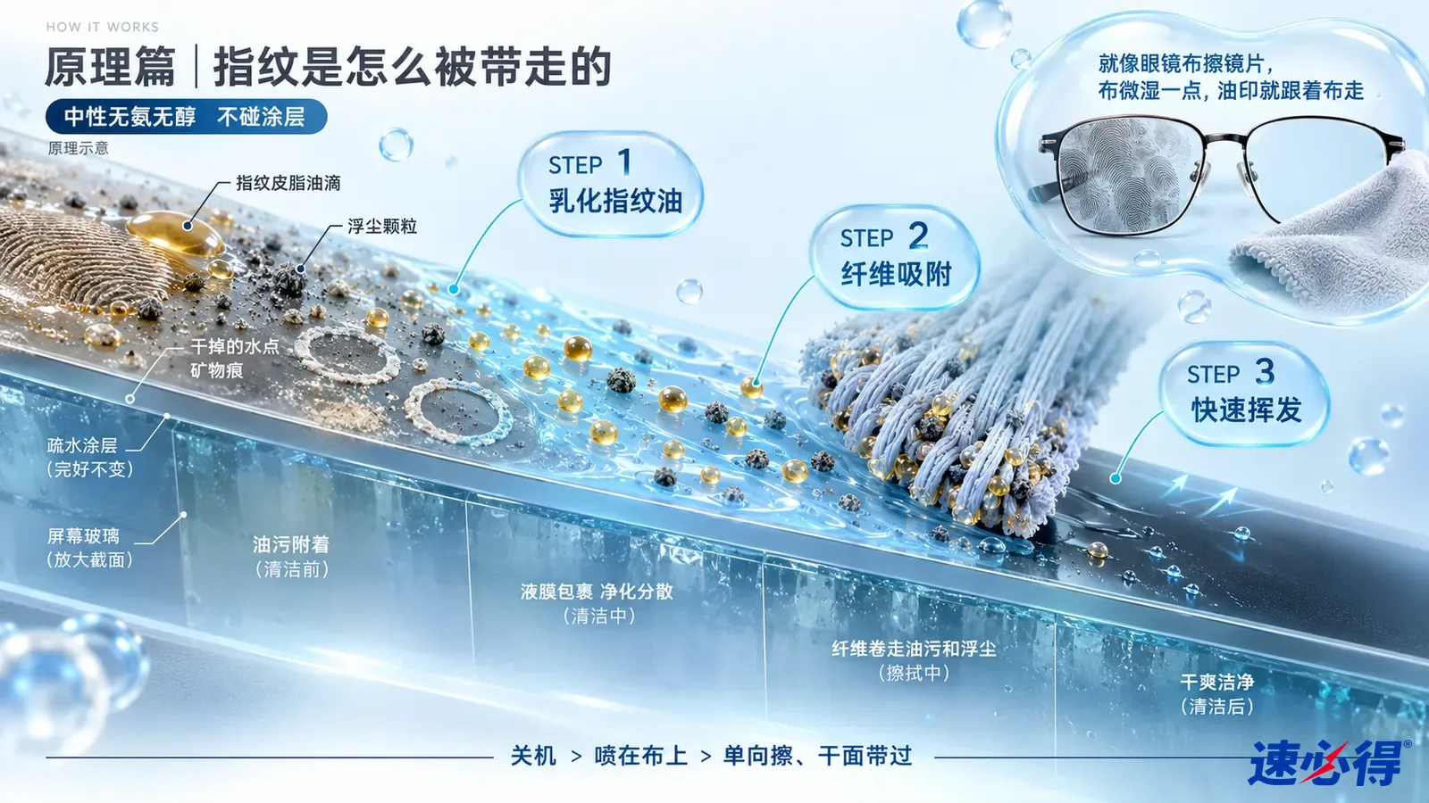 示意图:屏幕表面剖面上的油滴、颗粒、液体和清洁布。
