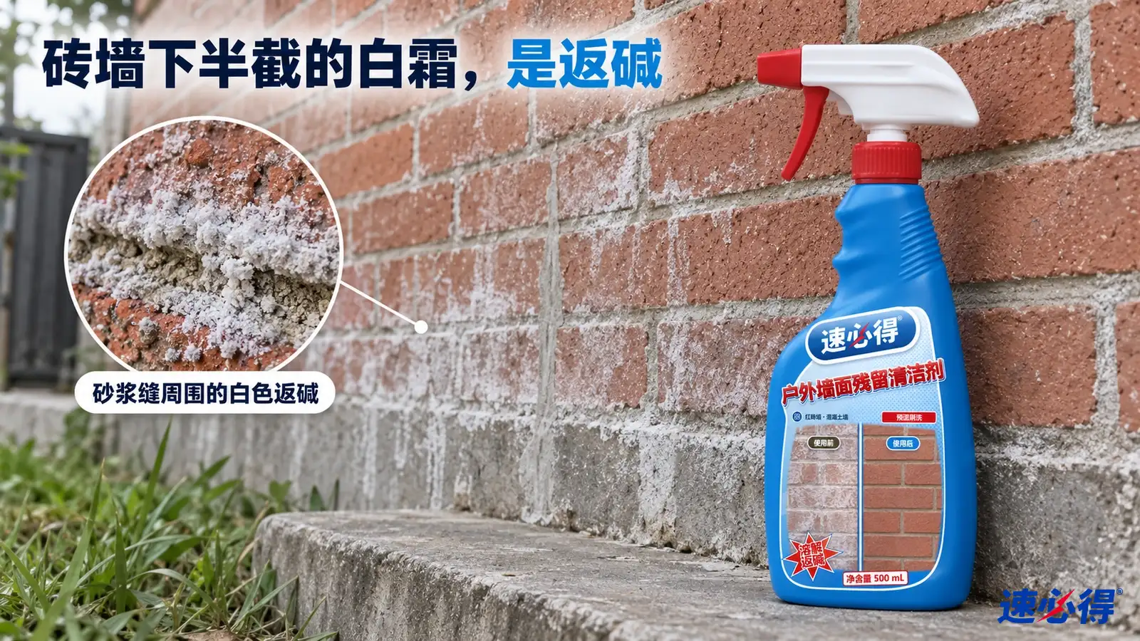 示意图：红砖墙及砂浆缝上有白色返碱痕迹，蓝色喷瓶放在墙脚。