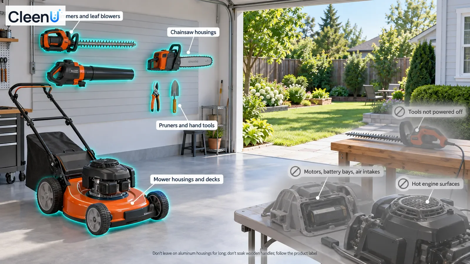 Illustration: Highlighted garage mowers, trimming tools and hand tools beside equipment precautions.