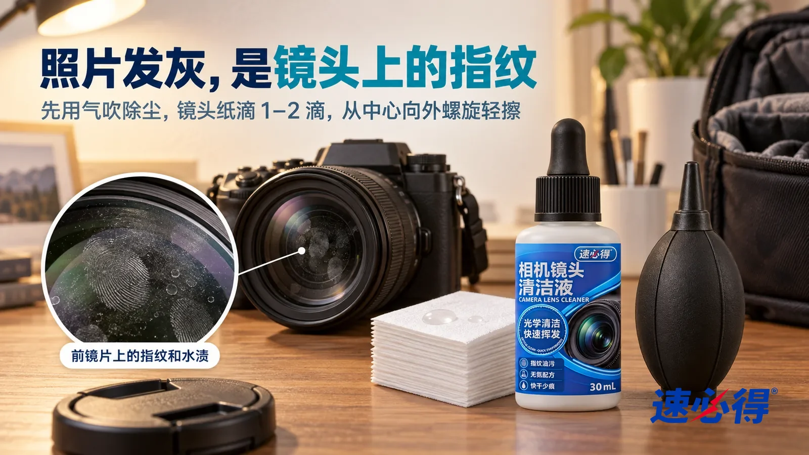 示意图：速必得相机镜头清洁液——一张摄影爱好者的木质工作台，一台无反相机（无品牌标志、无型号字样）装着一支变焦镜头，镜头盖取下放在一旁，标题“照片发灰，是镜头上的指纹”