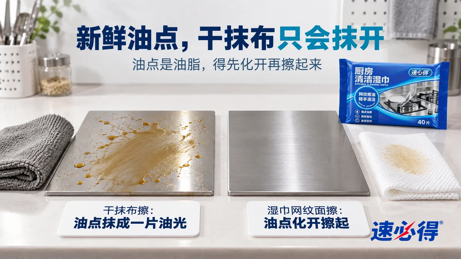 示意图：速必得厨房清洁湿巾——白色测试台上并排放着两块同样的不锈钢拉丝面板，原本都溅着一样的新鲜油点，标题“新鲜油点，干抹布只会抹开”