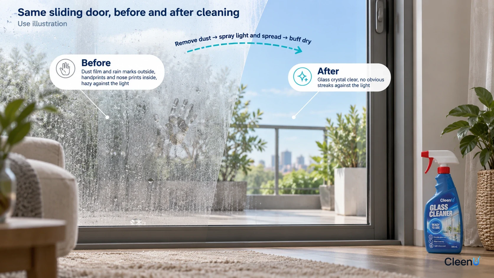 Illustrative before-and-after comparison of dust film, rain marks and cleaned glass on a sliding door.