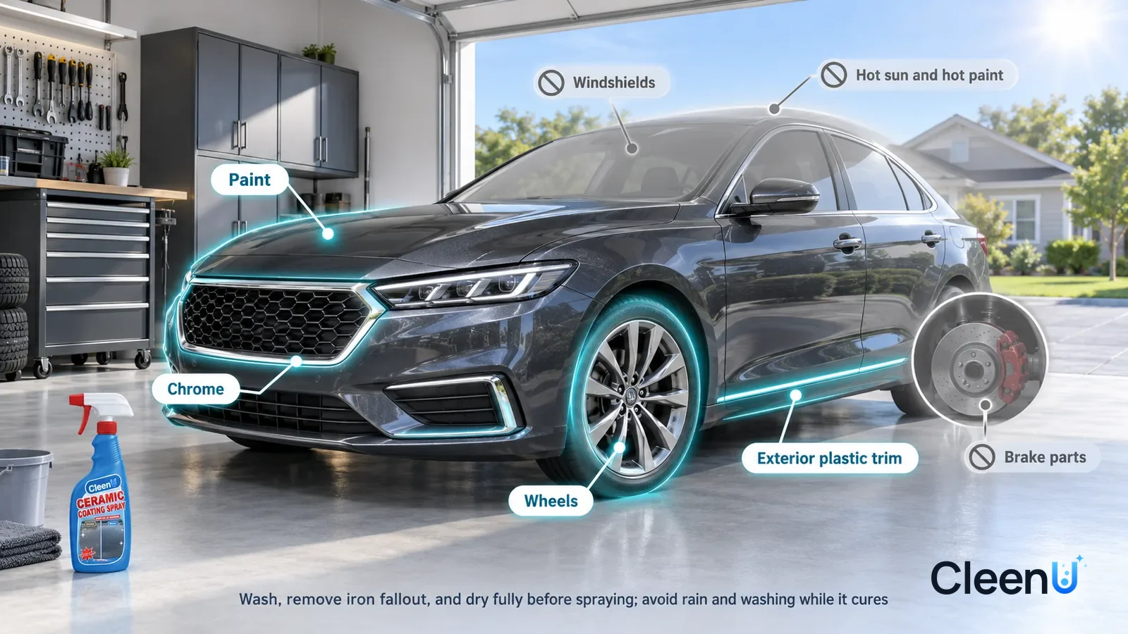 Illustration: CleenU Ceramic Coating Spray — A realistic 3D cutaway of a home garage and driveway, one continuous space from one viewpoint, no bottle: the paint, wheels