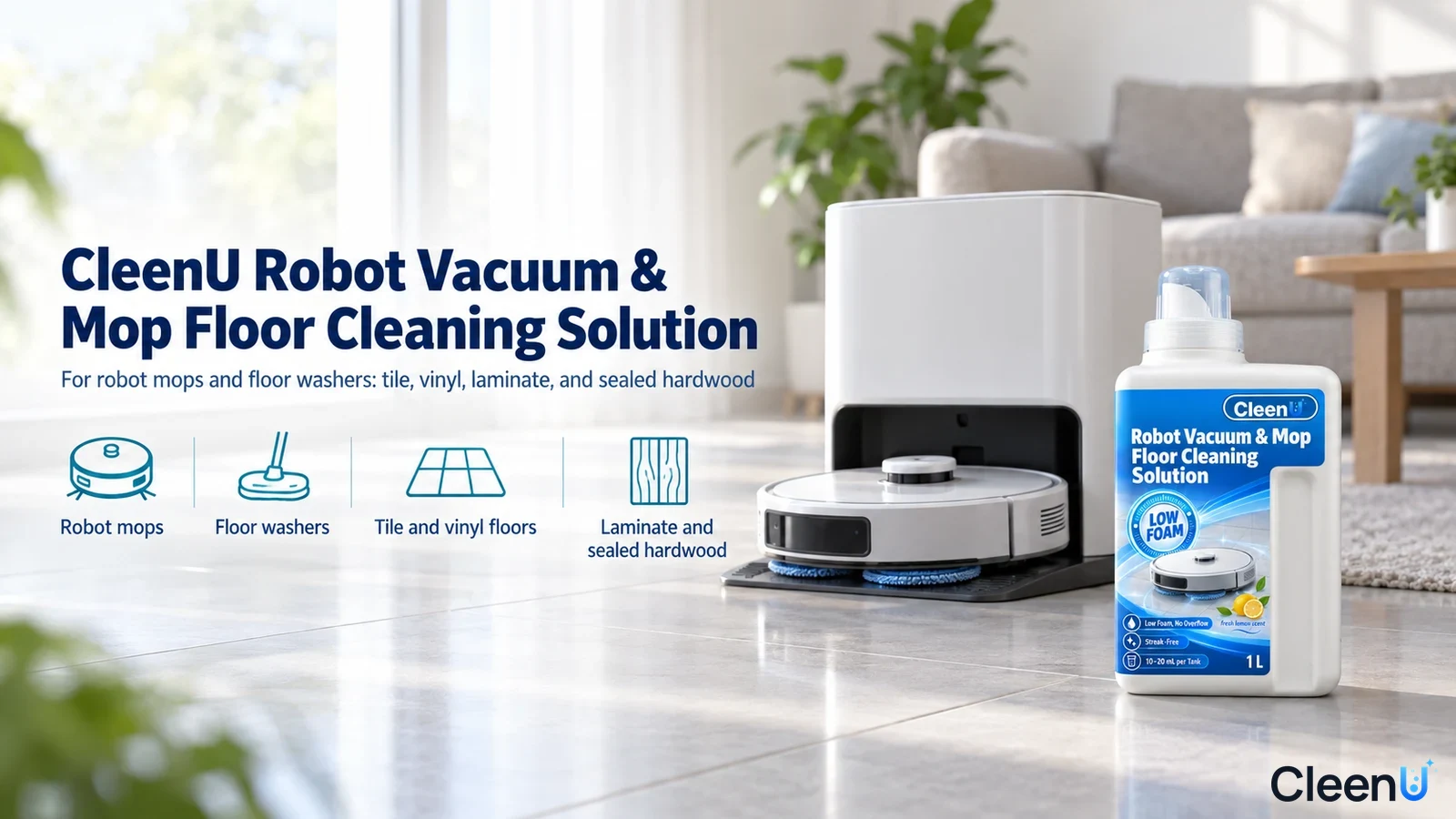 Illustration: A white cleaning-solution bottle, robot mop and docking station in a living room with use icons.