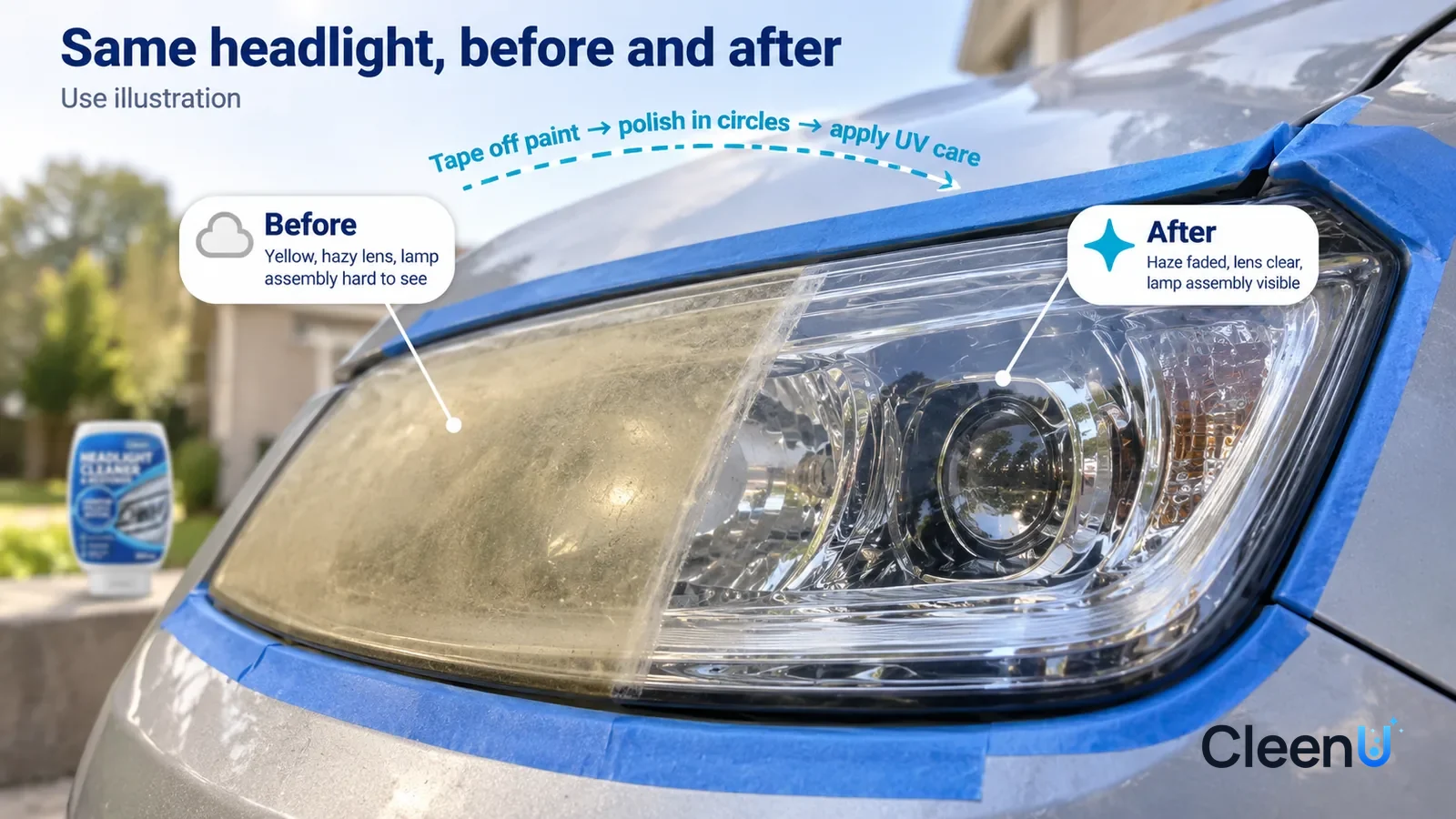 Illustration: CleenU Headlight Cleaner & Restorer — A full-screen low-angle close-up of a car's plastic headlight in the same side light, no bottle
