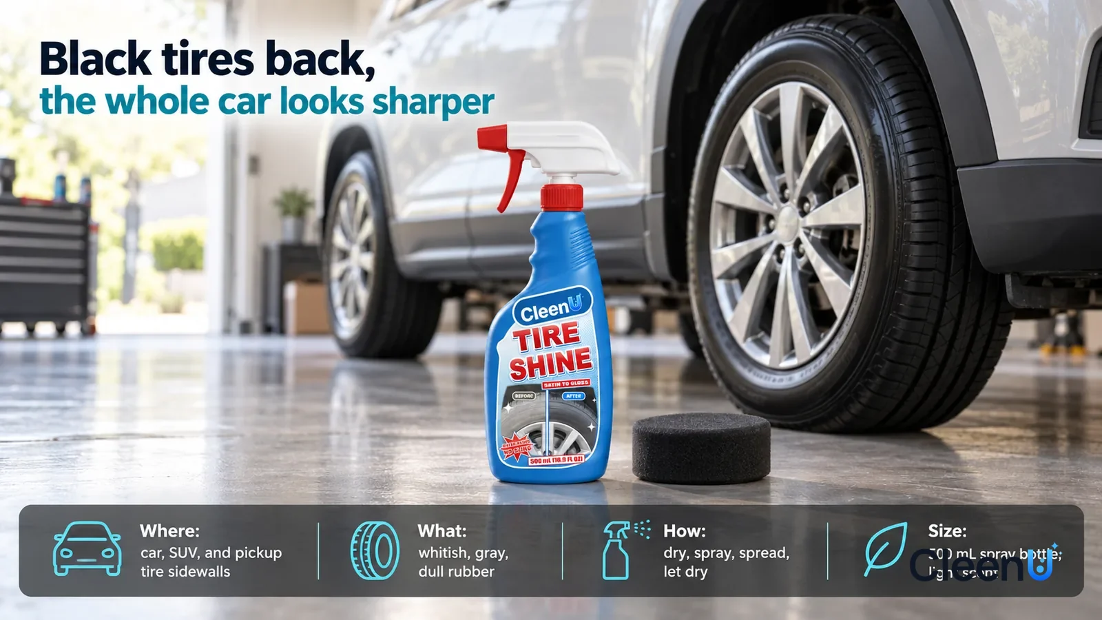 Illustration: CleenU Tire Shine stands centered on the garage floor, a black applicator sponge beside it