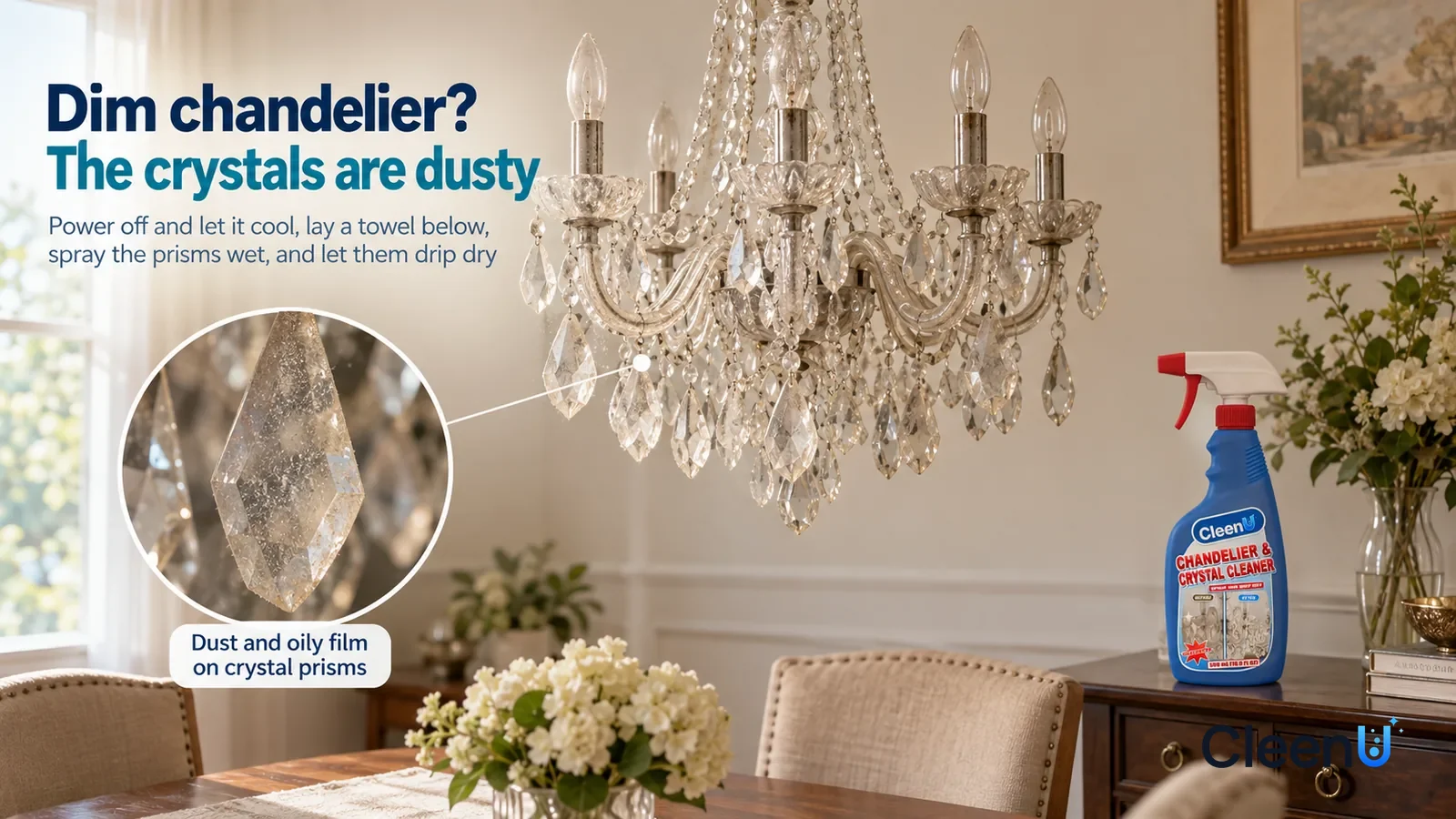 Illustration: CleenU Chandelier & Crystal Cleaner — A landscape medium shot of an everyday dining room, a switched-off crystal chandelier (no brand marks) above the dining table in the upper m Headlin