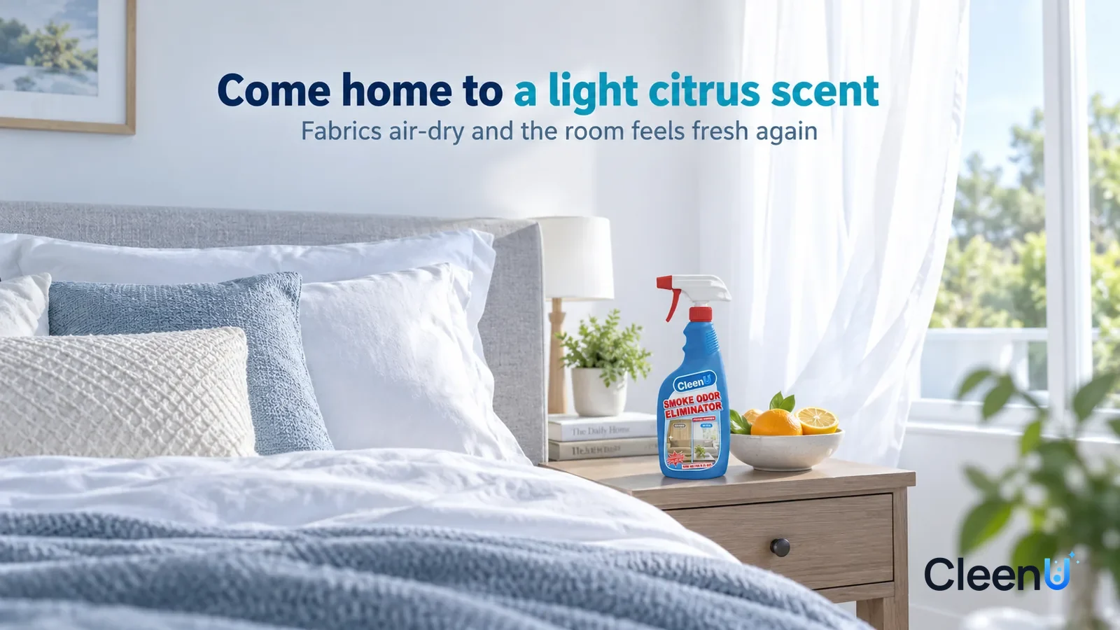 Illustration: CleenU Smoke Odor Eliminator — A bright morning bedroom, fresh white bedding on the bed, the window open, white sheer curtains lifting gently in the breeze Headline: "Come home to a ligh