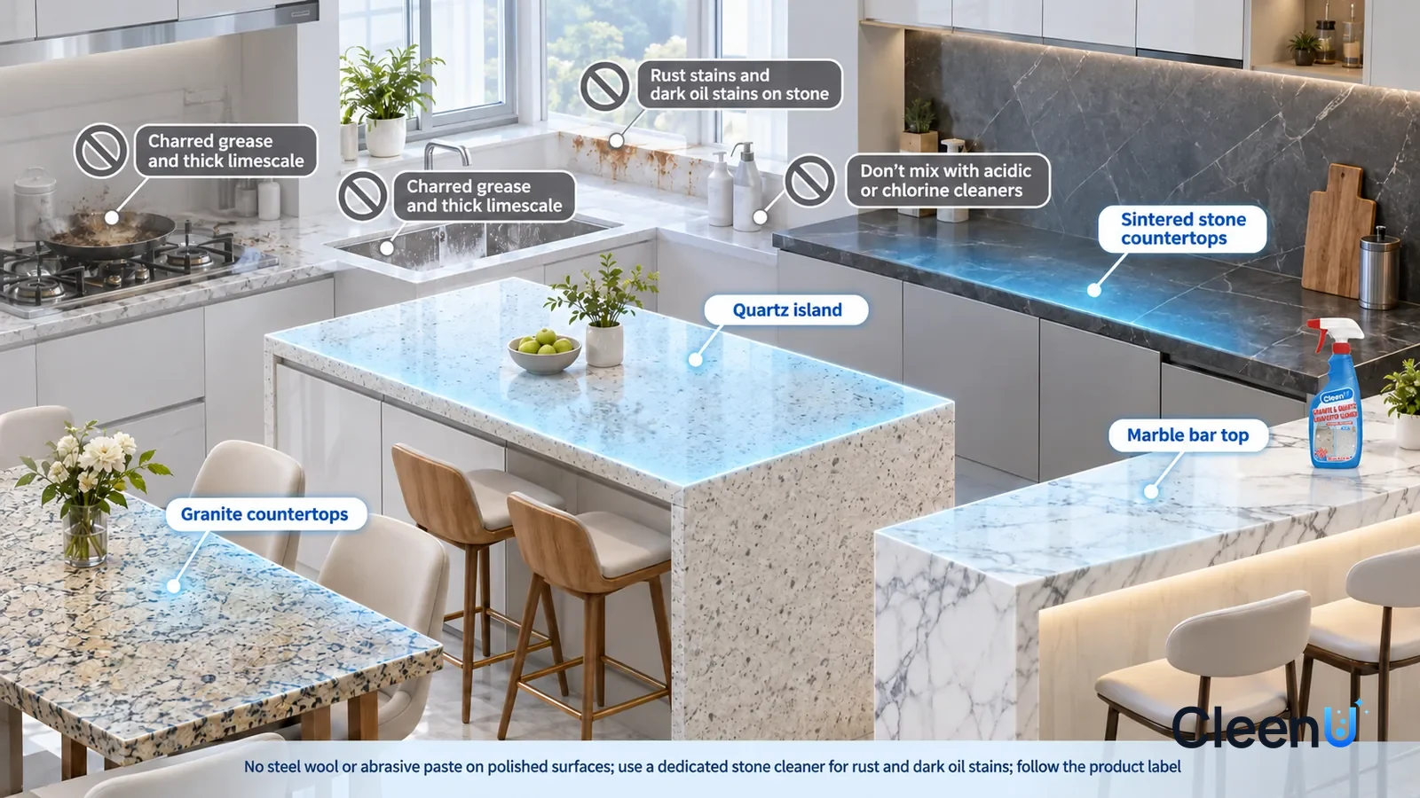 Illustration: CleenU Granite & Quartz Countertop Cleaner — A realistic 3D cutaway of a bright home's kitchen, dining area, and bar, one continuous space from one viewpoint