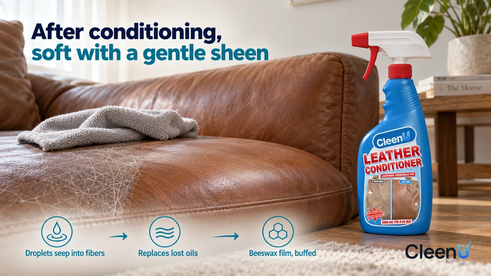 Illustration: CleenU Leather Conditioner — a light grey soft cloth has just buffed a patch in circles, the buffed leather warm in color with a soft sheen, a small patch of dry