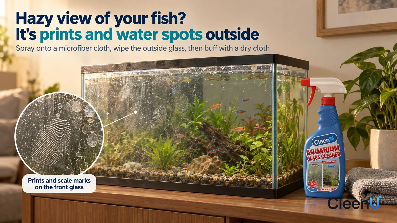 Illustration: CleenU Aquarium Glass Cleaner — A planted aquarium (no brand marks) on a low cabinet in the living room, a few small fish swimming among the plants; in raking side light Headline: "Hazy