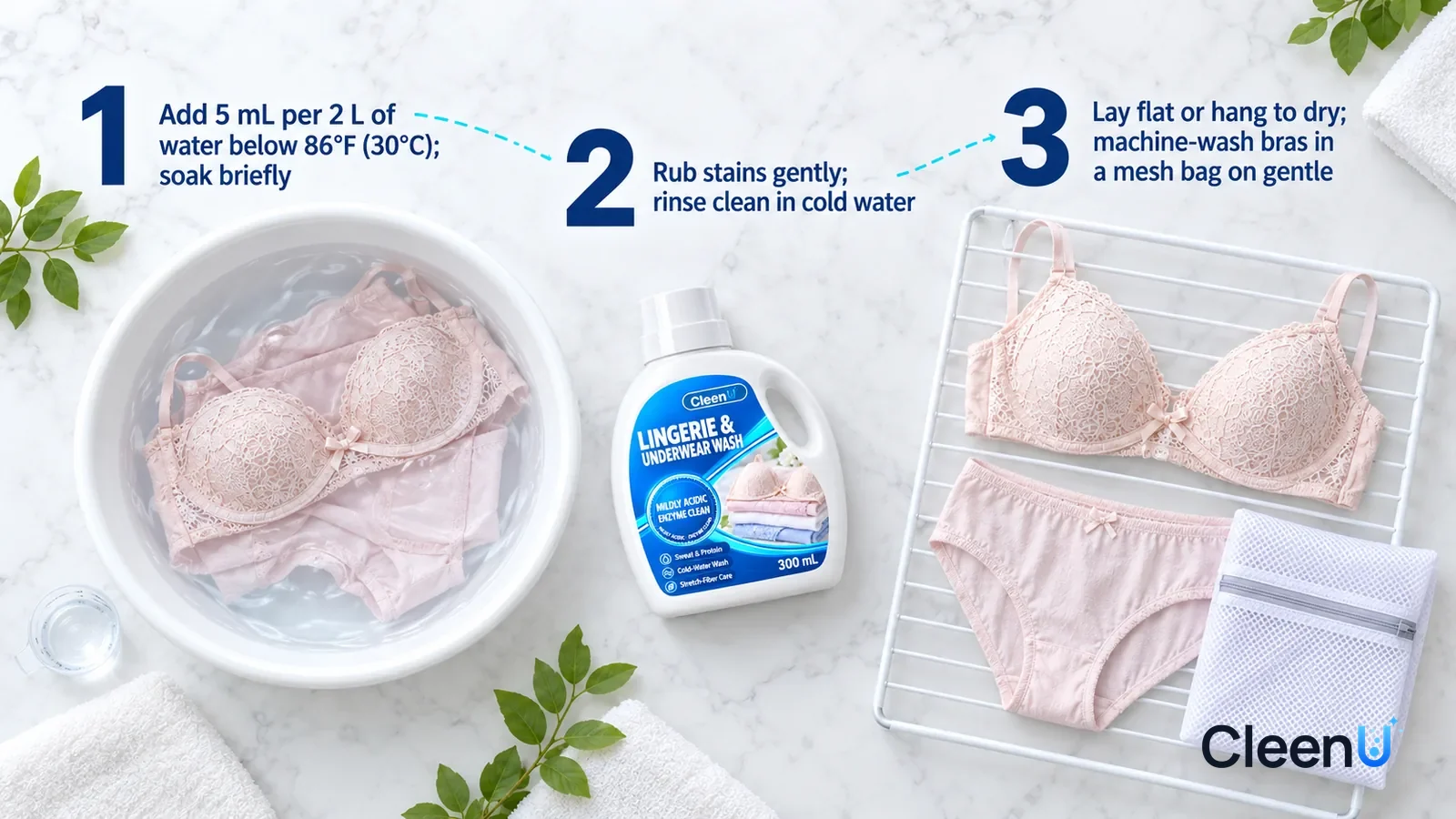 Illustration: CleenU Lingerie & Underwear Wash — an overhead shot straight down onto a light marble tabletop, no hands: (1) a white wash basin of cool water and a small clear measuring cup