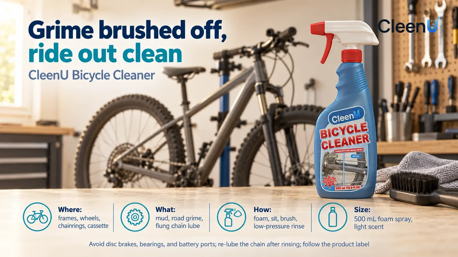 Illustration: CleenU Bicycle Cleaner stands in the right third of the frame on the garage workbench, beside it a soft-bristle brush and a folded bike rag Headline: "Grime brushed off, ride out clean"