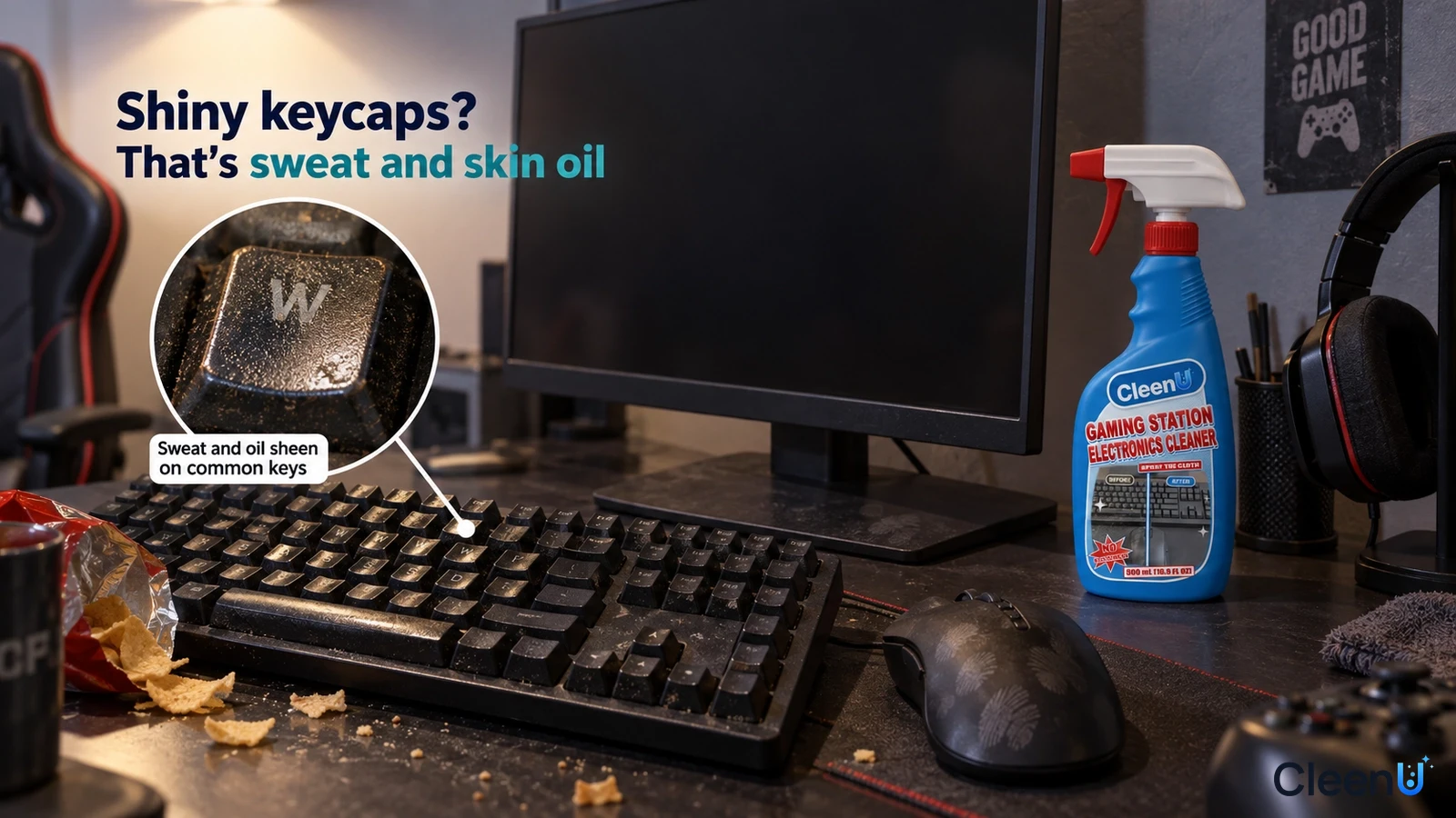 Illustration: A black keyboard with shiny keycaps on a computer desk beside a mouse, headphones and blue cleaner bottle.