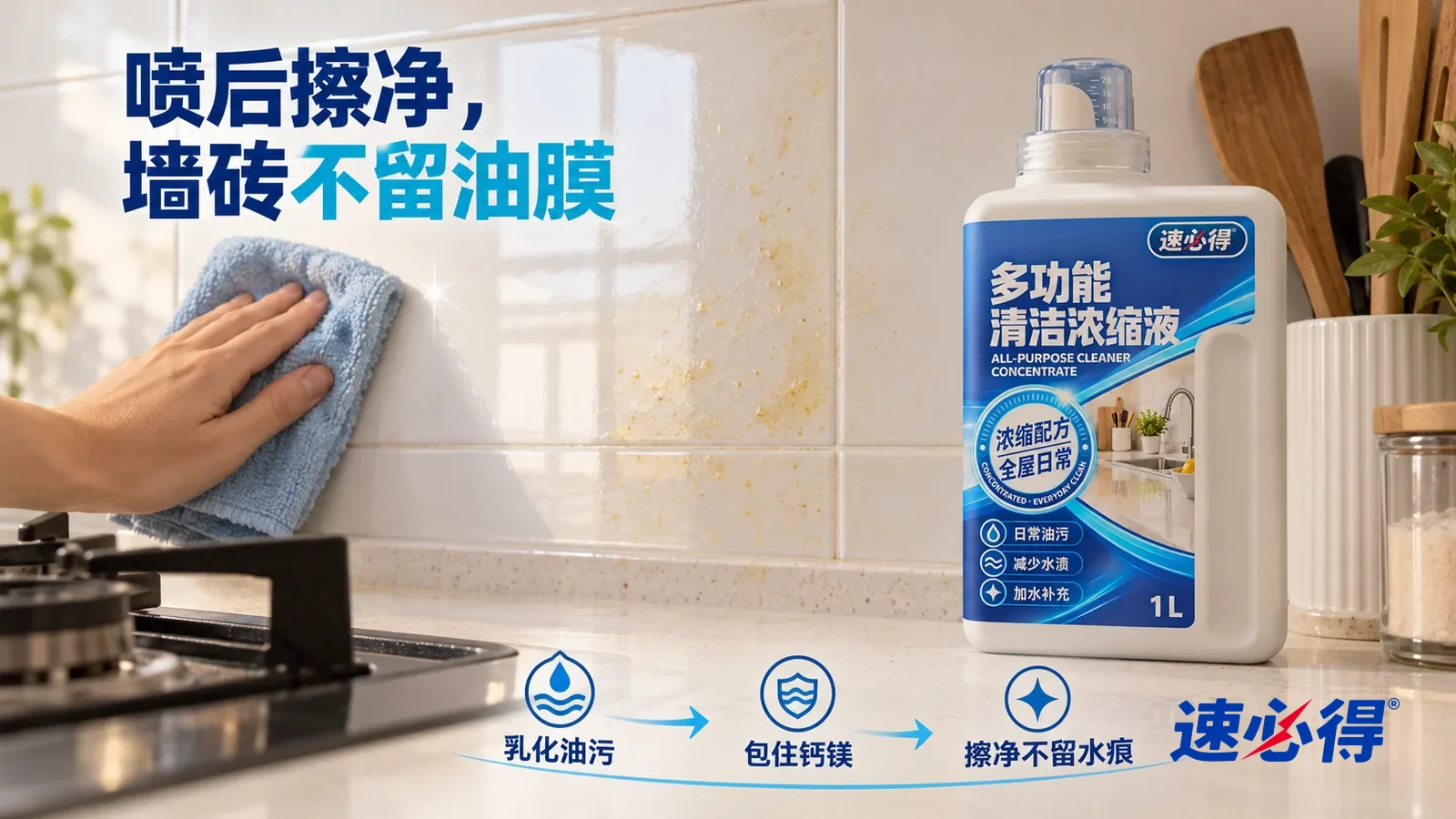 示意图：速必得多功能清洁浓缩液——保持同一厨房的白色石英石台面、白色釉面墙砖、浅蓝超细纤维布；只表现日常薄油膜，不变成重油垢