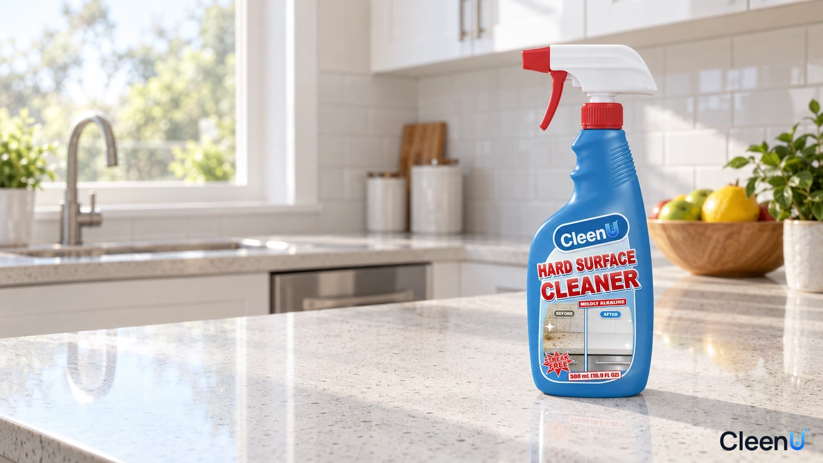 Illustration: A blue cleaner bottle on a kitchen counter near a window, sink and fruit bowl.