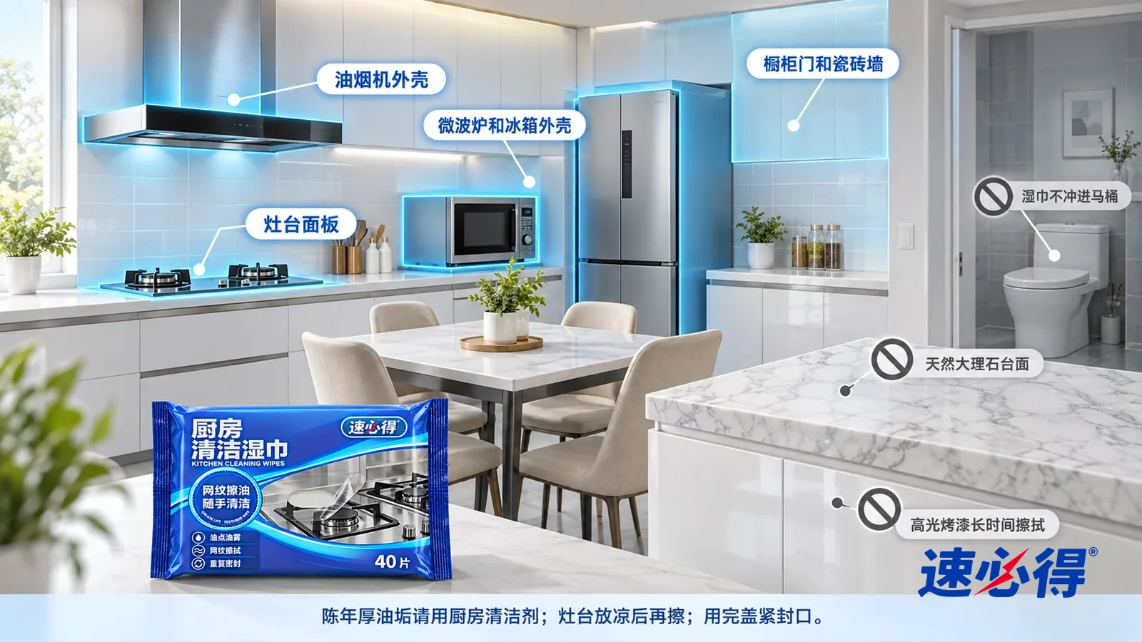 示意图：速必得厨房清洁湿巾——一张写实 3D 剖面实景图，一套明亮的家的厨房和餐厅区域，连续空间、一个视角：燃气灶面板、油烟机外壳、微波炉和冰箱外壳
