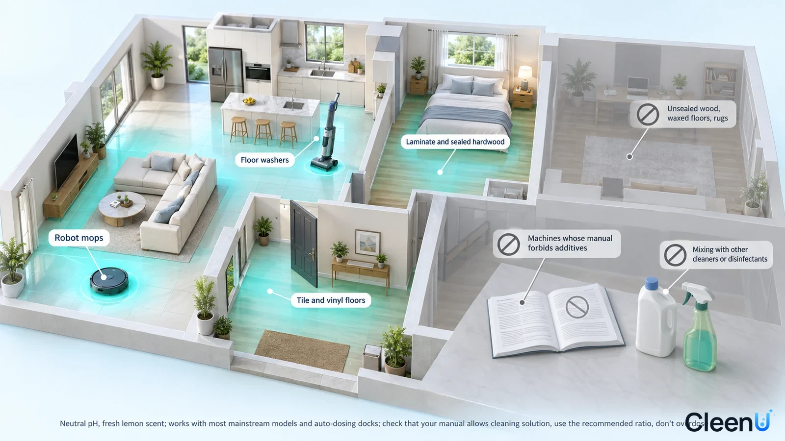 Illustration: Highlighted robot-mopping areas in a home beside equipment and flooring precautions.