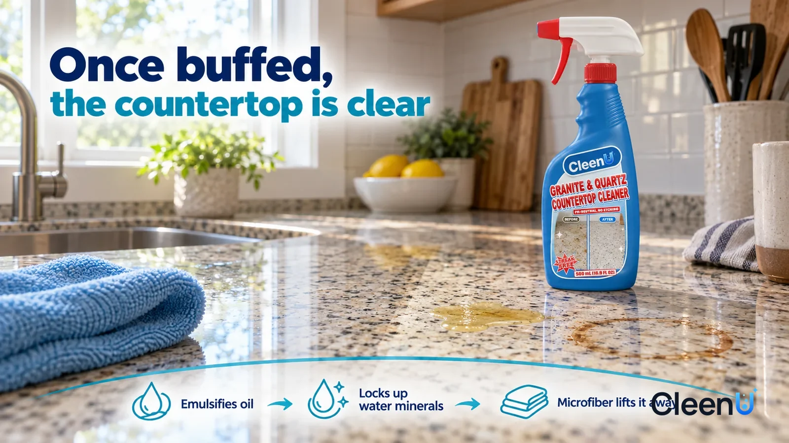 Illustration: CleenU Granite & Quartz Countertop Cleaner — a light blue microfiber cloth has just made one pass, the wiped strip showing crisp stone pattern