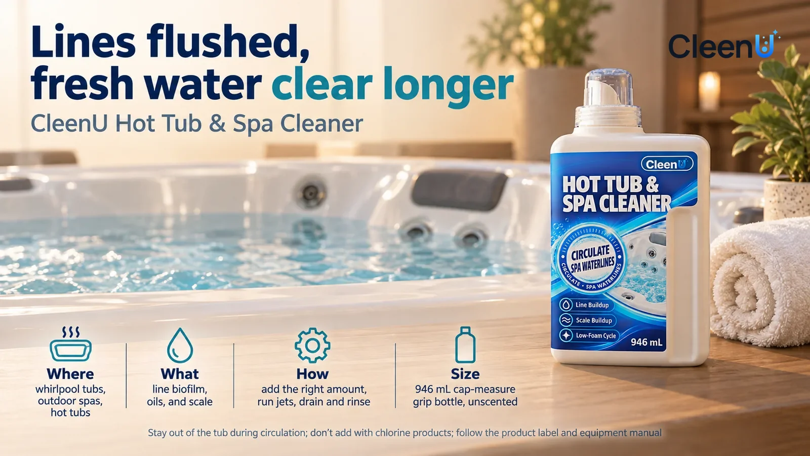 Illustration: CleenU Hot Tub & Spa Cleaner, measuring cap on, stands in the right third of the frame on the wooden ledge beside the hot tub Headline: "Lines flushed, fresh water clear longer"