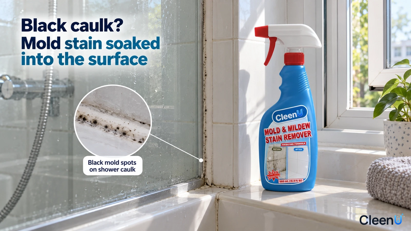 Illustration: Black mold stains on shower-glass caulk beside a blue cleaner bottle near a window.
