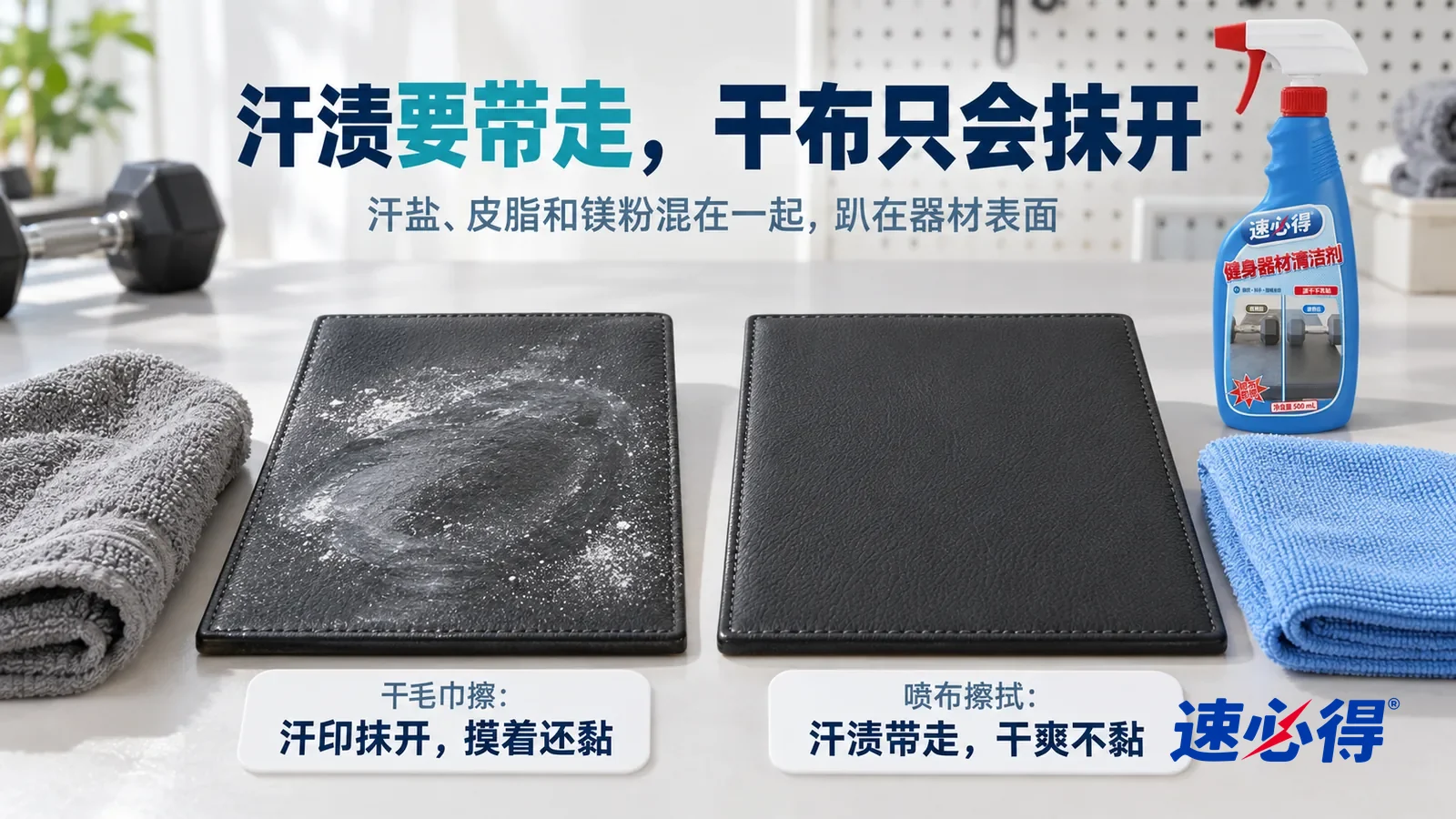 示意图：速必得健身器材清洁剂——白色测试台上并排放着两块同样的黑色人造革样片，原本都带着一样的发亮汗印和白色镁粉，标题“汗渍要带走，干布只会抹开”