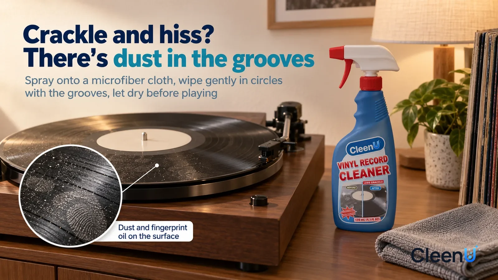 Illustration: CleenU Vinyl Record Cleaner — A low wooden cabinet in a home living room holds a turntable (no brand marks) with a vinyl record on the platter Headline: "Crackle and hiss? There's dust i