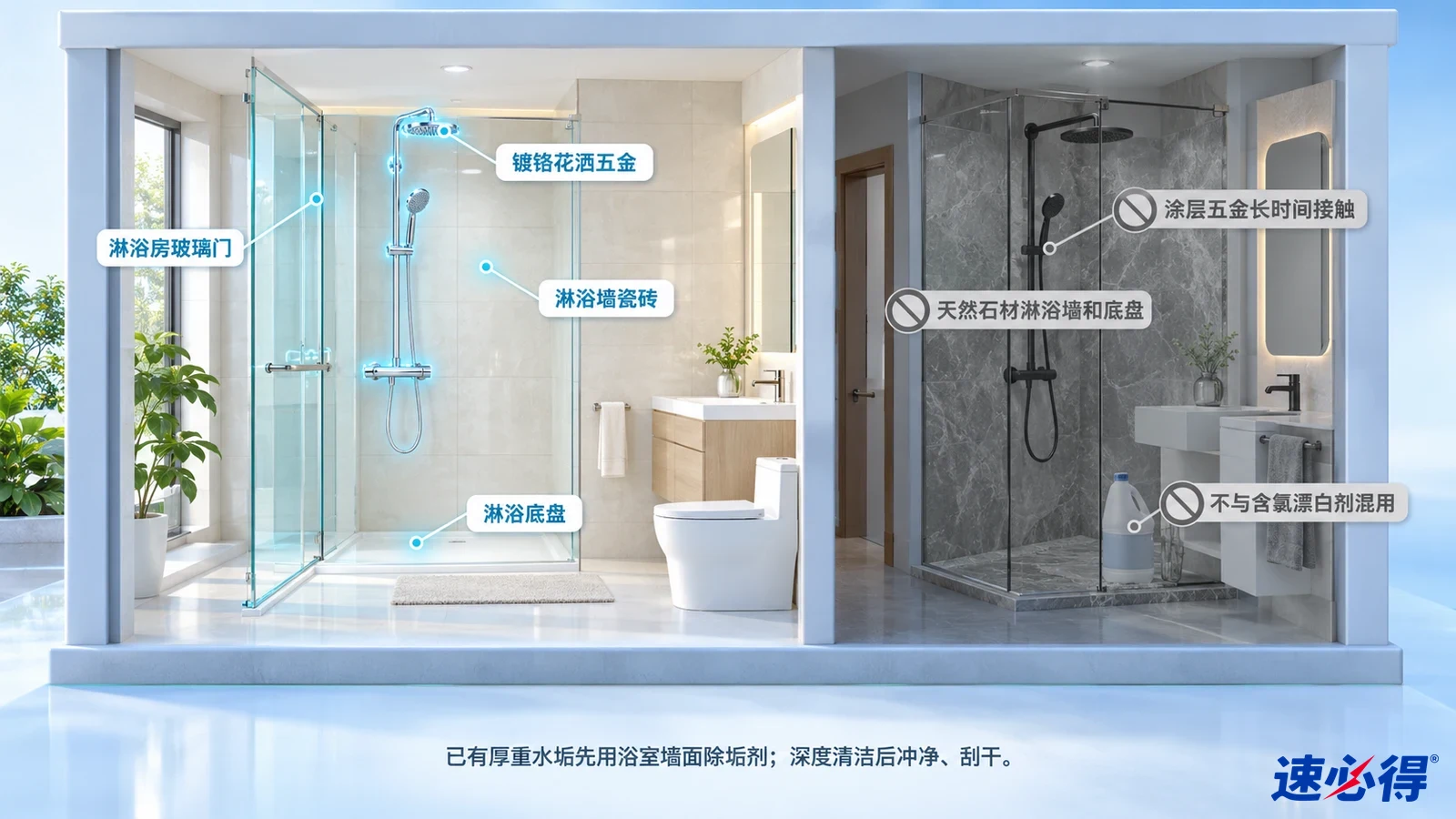 示意图：淋浴玻璃、瓷砖和淋浴底盘被突出显示，旁列材质及部件注意事项。