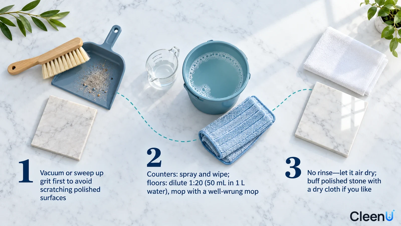 Illustration: A broom, dustpan, bucket, blue cloth and stone samples with numbered steps.