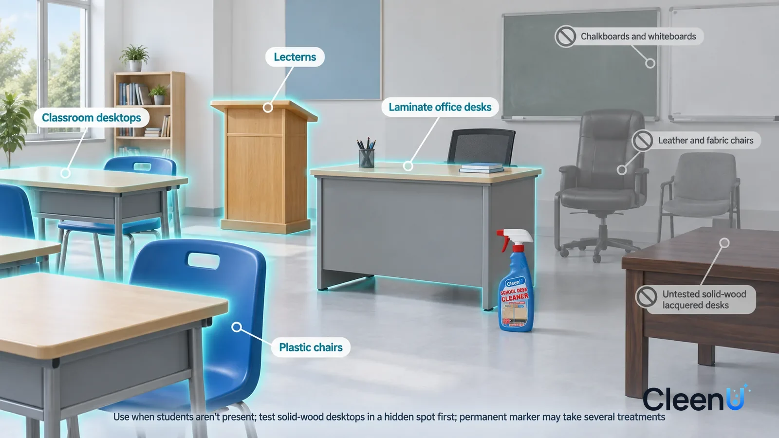 Illustration: CleenU School Desk Cleaner — A realistic 3D cutaway of the bright ground floor of a school building, one continuous space from one viewpoint
