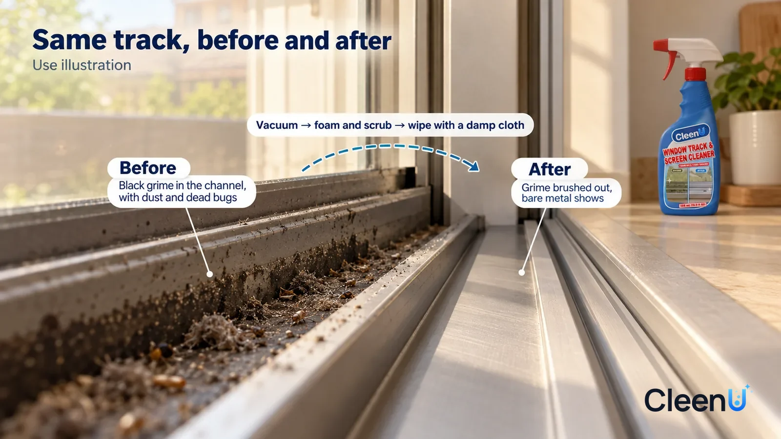 Illustration: CleenU Window Track & Screen Cleaner — A full-screen low-angle close-up of an aluminum sliding window's bottom track, shot from inside, in the same raking light