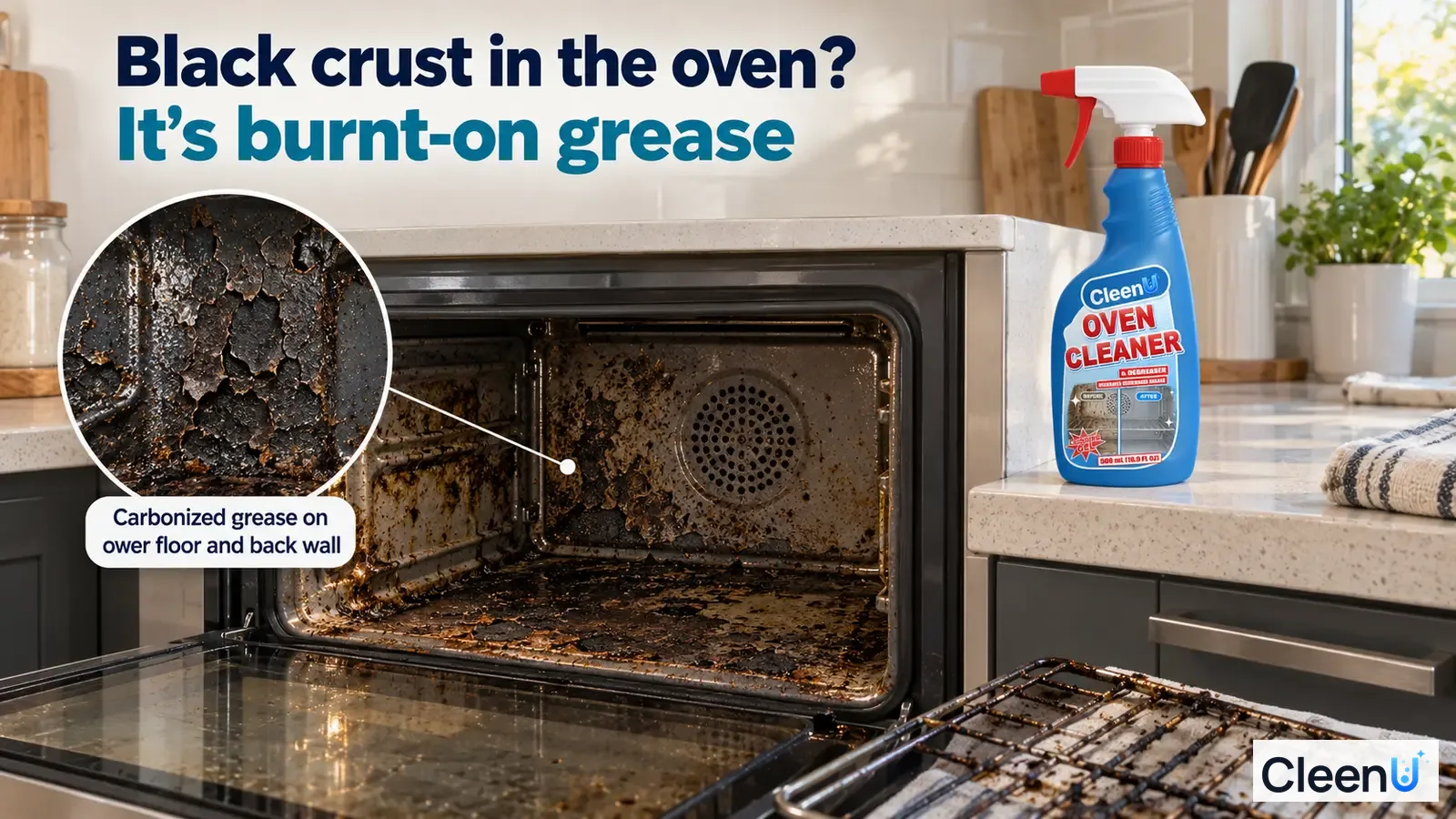 Illustration: Black burnt-on grease in an open oven beside racks and a blue cleaner bottle.