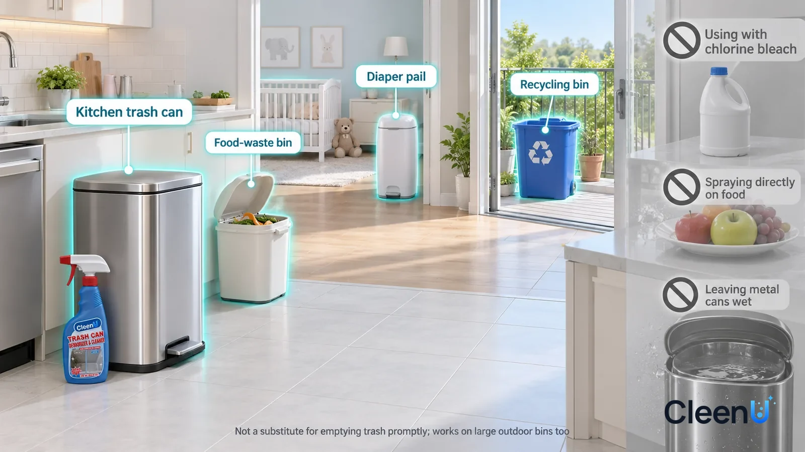Illustration: CleenU Trash Can Deodorizer & Cleaner — A realistic 3D cutaway of a bright home's kitchen, nursery, balcony, and small yard, one continuous space from one viewpoint