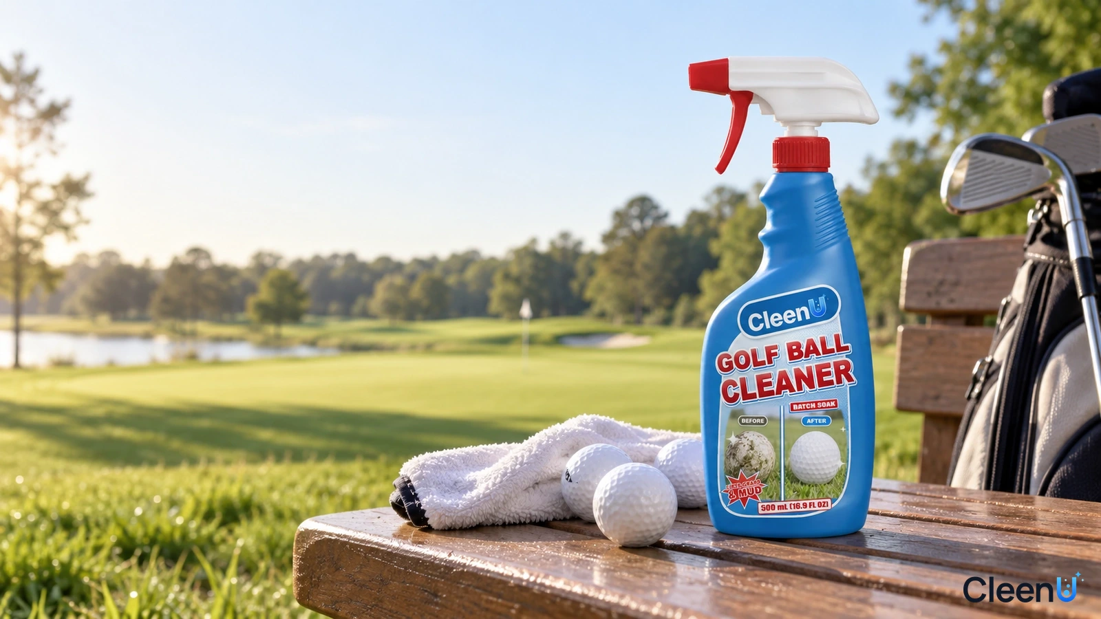 Illustration: A blue cleaner bottle on a wooden table beside a golf course with a towel, balls and clubs.
