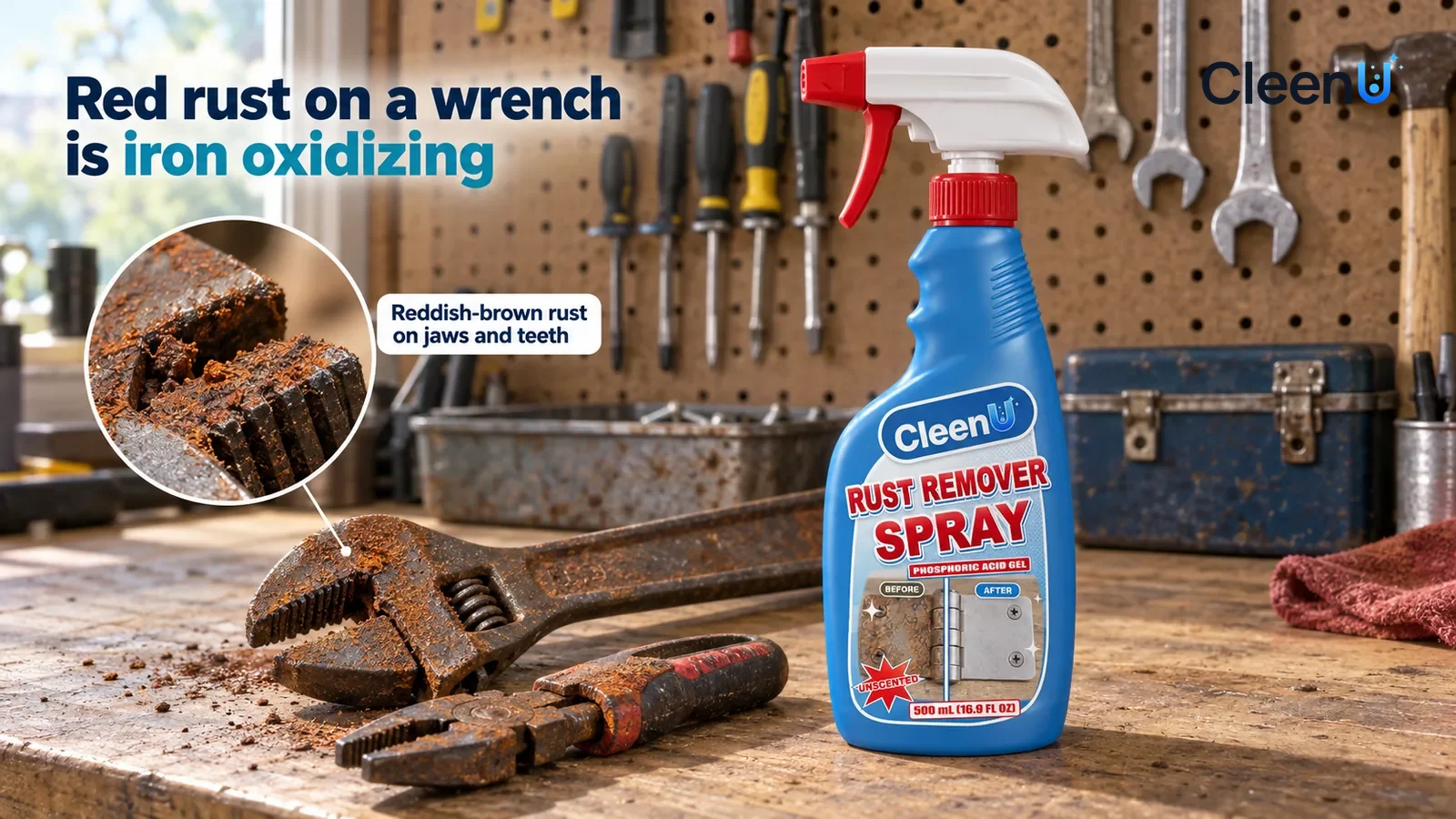 Illustration: CleenU Rust Remover Spray — An everyday garage wooden workbench, a few tools hanging on the pegboard