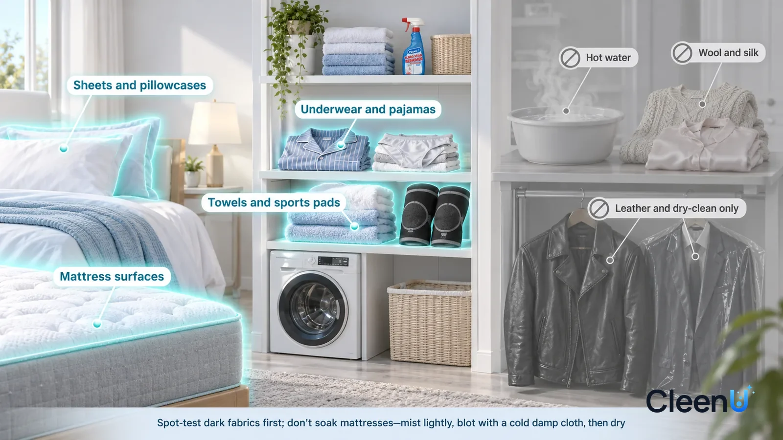 Illustration: CleenU Blood Stain Remover — A realistic 3D cutaway of a bright home's bedroom, laundry room, and entryway