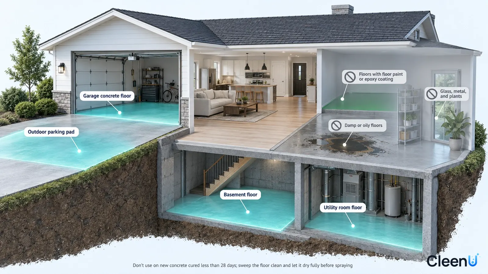 Illustration: Highlighted concrete floors in a garage and lower rooms beside use precaution icons.