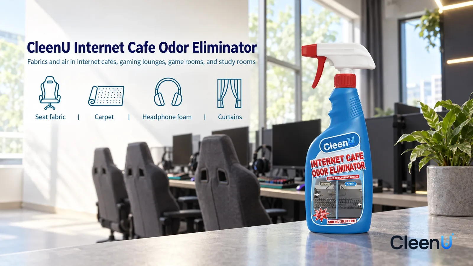 Illustration: CleenU Internet Cafe Odor Eliminator — A bright, well-ventilated gaming lounge, windows pushed open and curtains drawn back, a row of clean, neat dark grey fabric gaming chairs