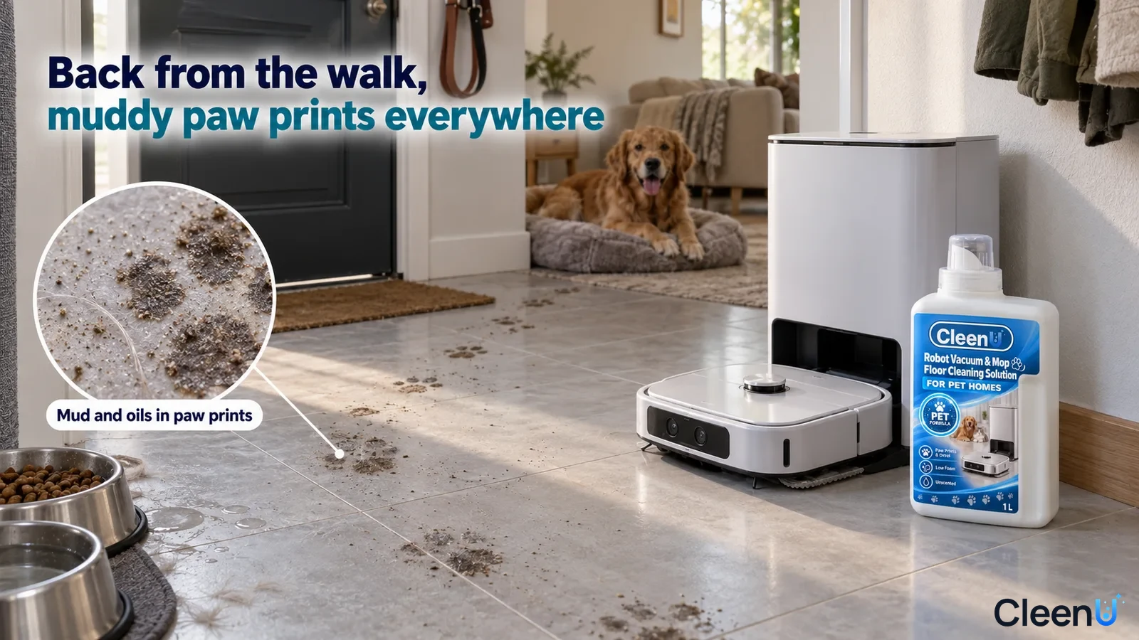 Illustration: Muddy paw prints on an entry floor beside a robot mop and white cleaning-solution bottle with a dog behind.