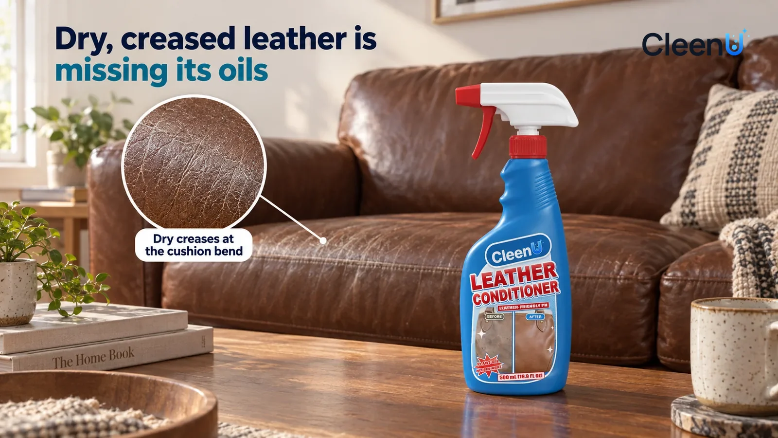 Illustration: CleenU Leather Conditioner — An everyday living room with a brown smooth genuine-leather sofa that's a few years old; in side light from the window
