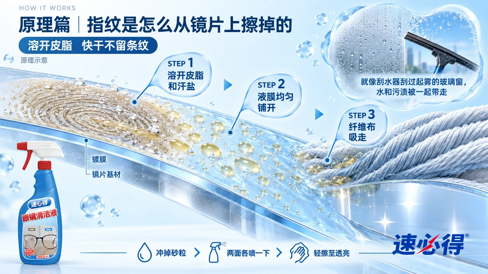 示意图：速必得眼镜清洁液——一片极度放大的眼镜镜片截面从左上向右下斜贯画面，表面一层很薄的透明镀膜；左段镀膜上趴着一枚指纹的皮脂和细小汗盐结晶；中段透明浅蓝液膜均匀铺开