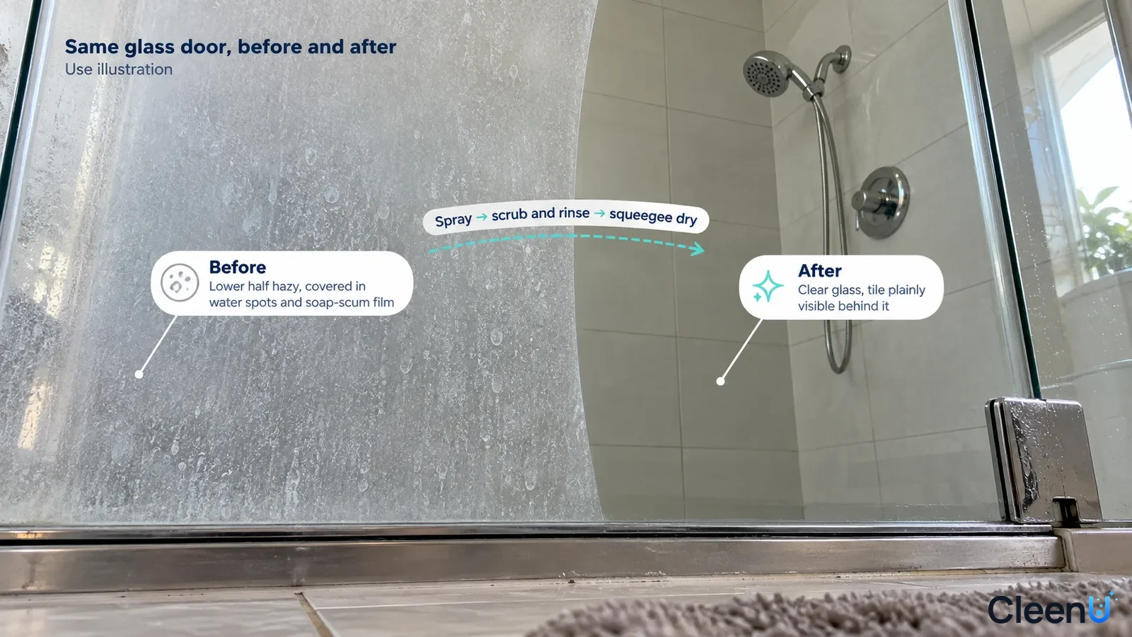 Illustration: White water spots beside a clearer area on shower glass; not a measured cleaning test.
